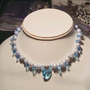 Handmade Pale Blue Pearl & Crystal Heart Necklace